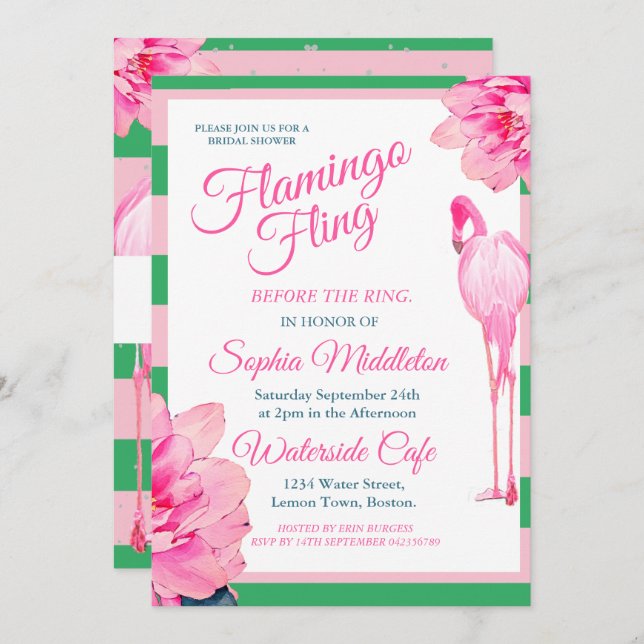Bridal Shower Stripe Green Floral Flamingo Fling Invitation (Front/Back)