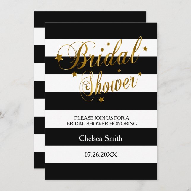 Bridal Shower - Stripes With Gold Lettering Invitation (Front/Back)