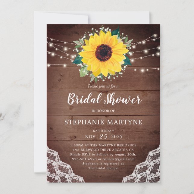 Bridal Shower Sunflower Lace Babys Breath Lights Invitation (Front)