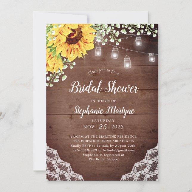 Bridal Shower Sunflower Lace MasonJar Lights Invitation (Front)