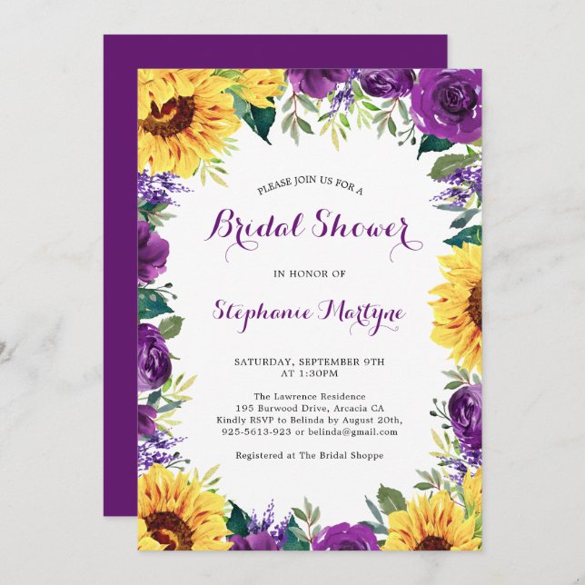 Bridal Shower Sunflower Purple Floral Border Invitation (Front/Back)