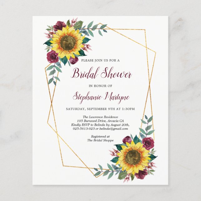 Bridal Shower Sunflowers Geometric Budget (Front)