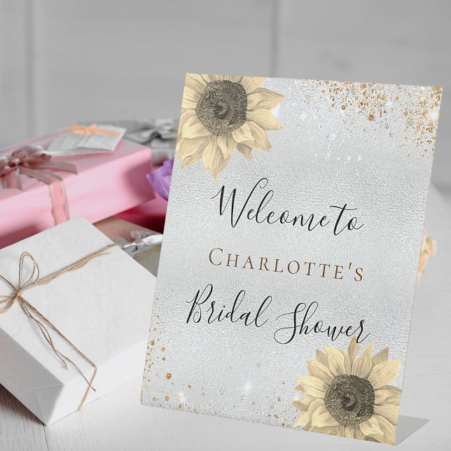 Bridal Shower sunflowers silver gold welcome Pedestal Sign (Creator Uploaded)
