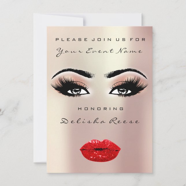 Bridal Shower Sweet 16th Red Kiss Lip Makeup Rose Invitation (Front)