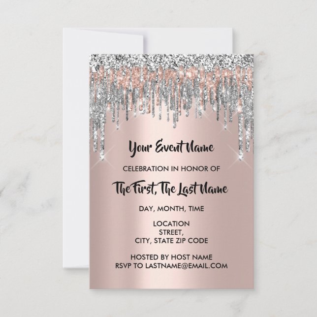 Bridal Shower Sweet 16th Rose Silver Glitter Drip Invitation (Front)