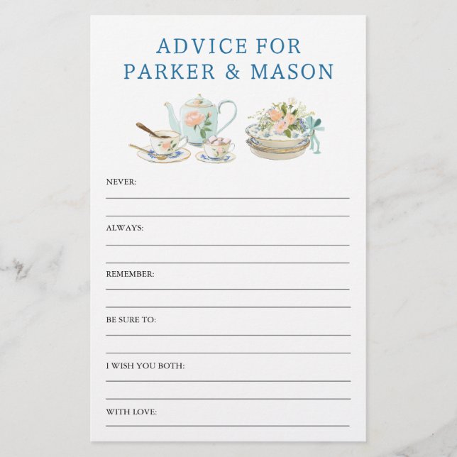Bridal Shower Tea Party Advice and Game (Front)