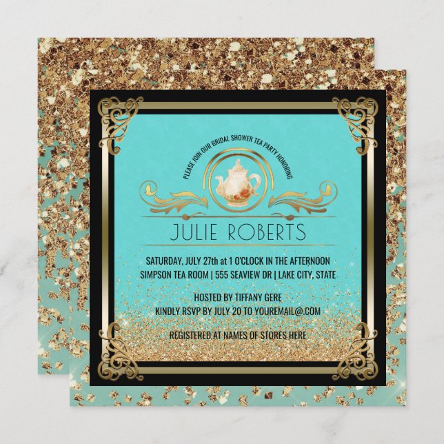 Bridal Shower Tea Party Blue Gold Invitation (Front/Back)