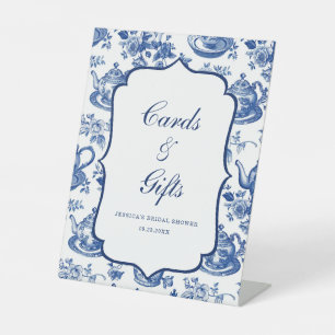 Bridal Shower Tea Party Blue White Cards and Gifts Pedestal Sign