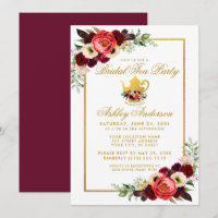 Bridal Shower Tea Party Burgundy Boho Floral Gold