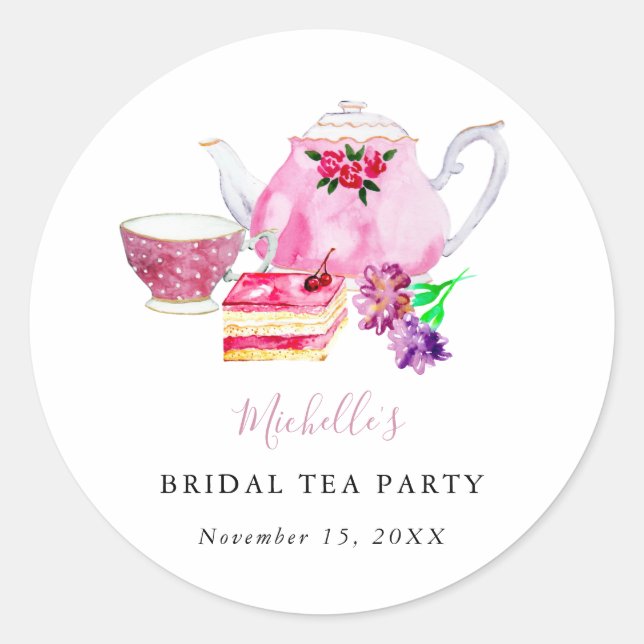 Bridal Shower Tea Party Dusty Rose Teapot Classic Round Sticker (Front)