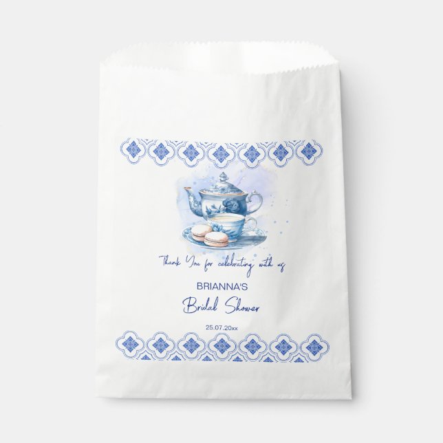 Bridal shower tea party  favours blue tiles tea po favour bags (Front)