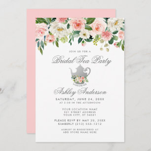 Bridal Shower Tea Party Floral Pink Silver Invite