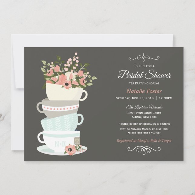 Bridal Shower Tea Party Invitation | Grey Pink Sky (Front)