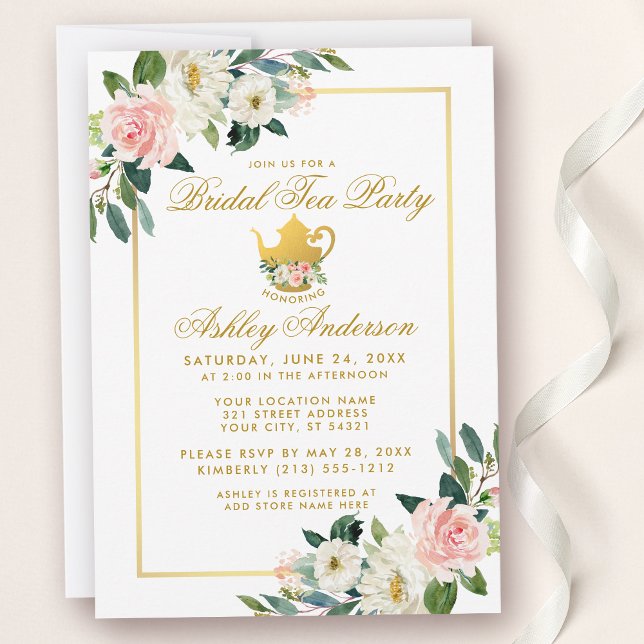 Bridal Shower Tea Party Pink Floral Gold Invite (Customize to change text color or text style.)