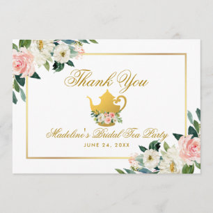Bridal Shower Tea Party Pink Floral Gold Thanks Thank You Card