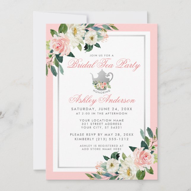 Bridal Shower Tea Party Pink Silver Floral Invite (Front)