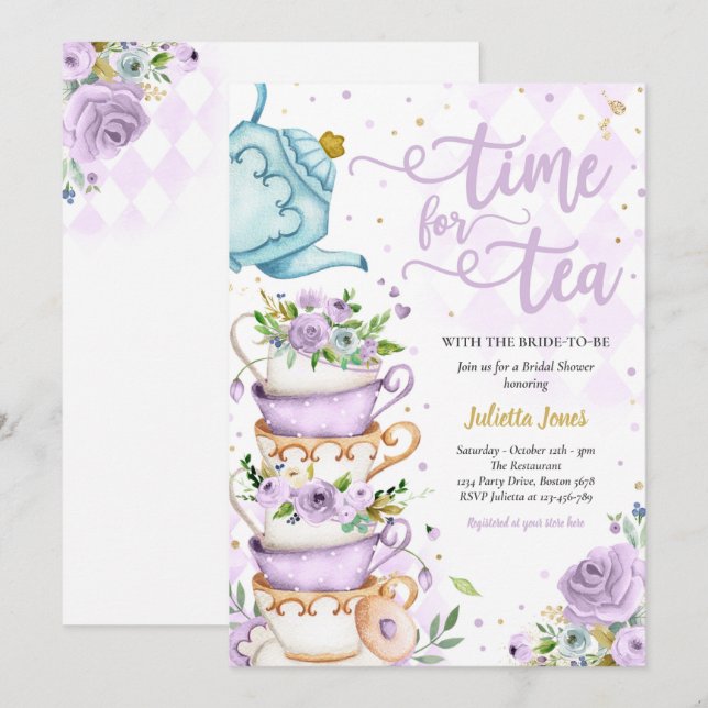Bridal Shower Tea Party Purple And Gold Floral Invitation (Front/Back)