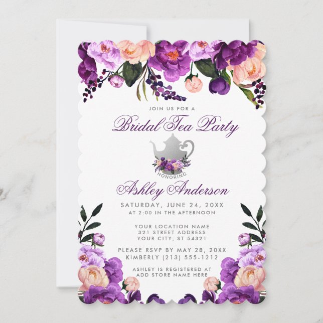 Bridal Shower Tea Party Purple Invite (Front)