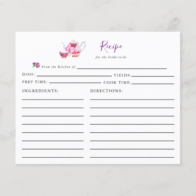 Bridal Shower Tea Party Recipe Card Purple Script (Front)