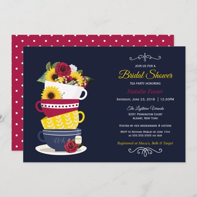Bridal Shower Tea Party Roses & Sunflowers - Navy Invitation (Front/Back)