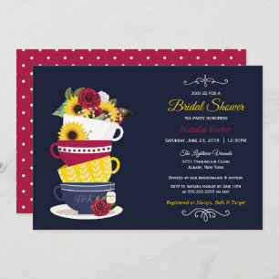 Bridal Shower Tea Party Roses & Sunflowers - Navy Invitation