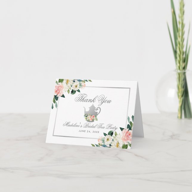 Bridal Shower Tea Party Thanks Pink Floral Note Thank You Card (Front)