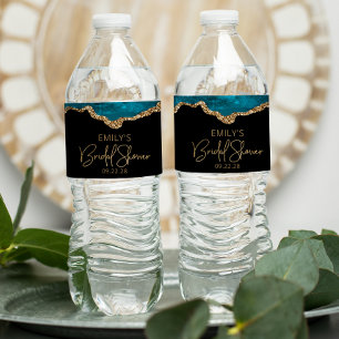 Bridal Shower Teal Gold Agate Water Bottle Label
