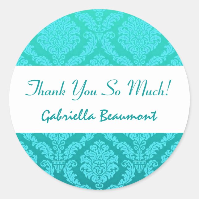 Bridal Shower Thank You Aqua and Teal Damask V33 Classic Round Sticker (Front)