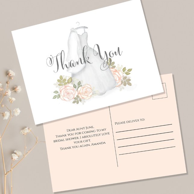 Bridal Shower Thank You Card Elegant  (Bridal shower Thank you postcard with elegant bridal gown dress. )
