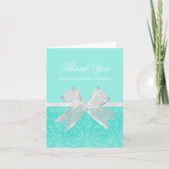 Bridal Shower Thank You Chic Aqua Damask White Bow Card (Front)