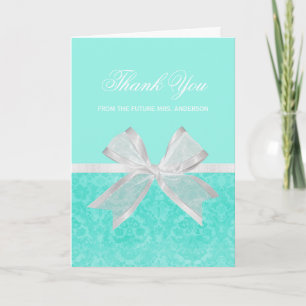 Bridal Shower Thank You Chic Aqua Damask White Bow Card