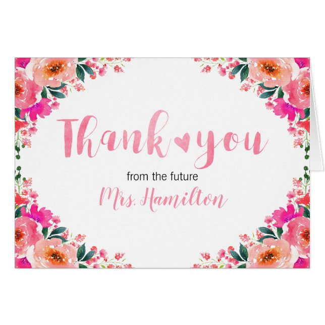 Bridal Shower Thank You Pink Flowers and Heart (Front Horizontal)