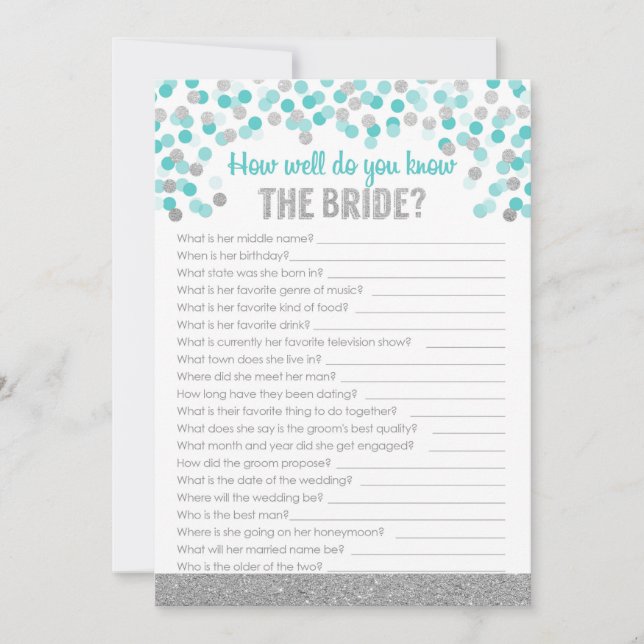 Bridal Shower Trivia Game ~ Silver and Turquoise (Front)
