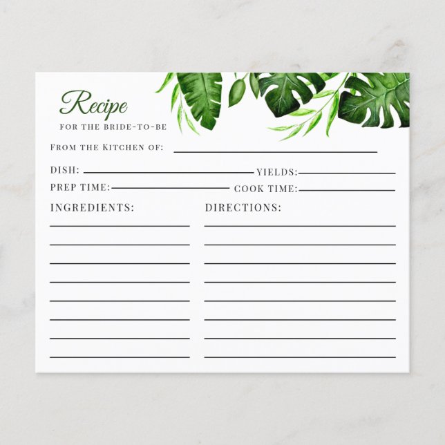 Bridal Shower Tropical Jungle Leaves Recipe Card  (Front)