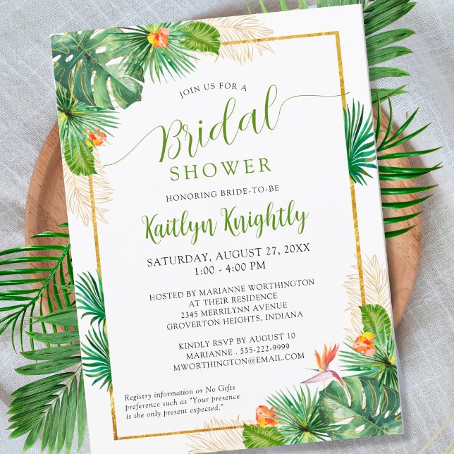 Bridal Shower Tropical Palm Watercolor Green Invitation (Creator Uploaded)