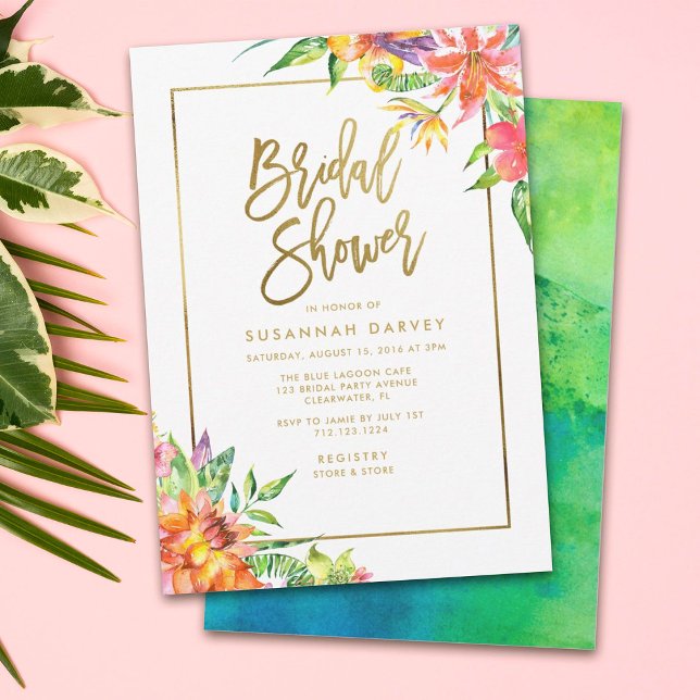 Bridal Shower | Tropical Watercolor Gold Script Invitation (Creator Uploaded)