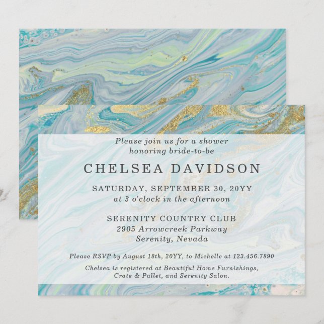 Bridal Shower Turquoise & Gold Marble Swirl Geode Invitation (Front/Back)
