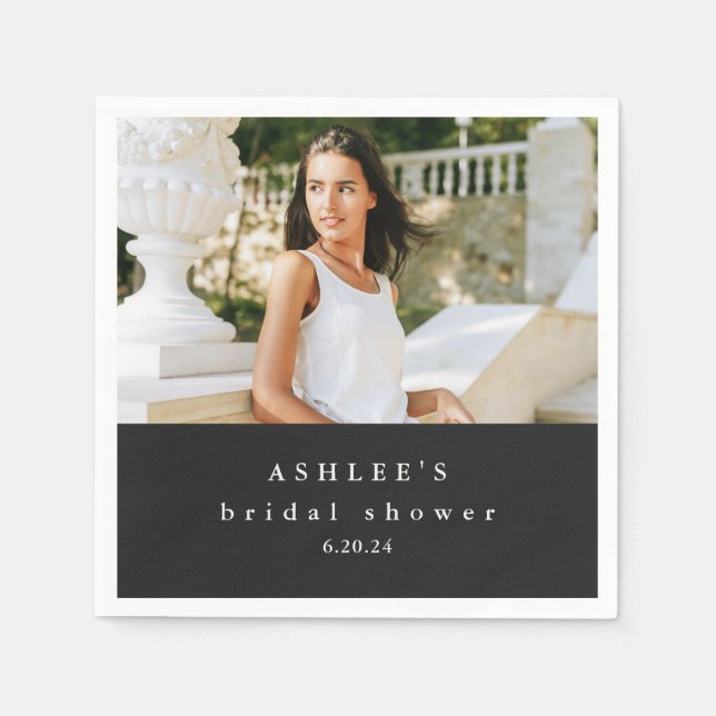 Bridal Shower Typography Photo Black Napkin (Front)