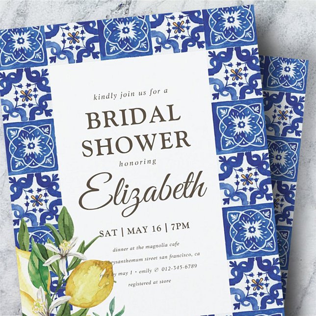 Bridal Shower Vintage Foliage Blue Mediterranean Invitation Postcard (Creator Uploaded)