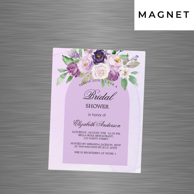 Bridal shower violet purple flowers arch luxury magnetic invitation (Creator Uploaded)