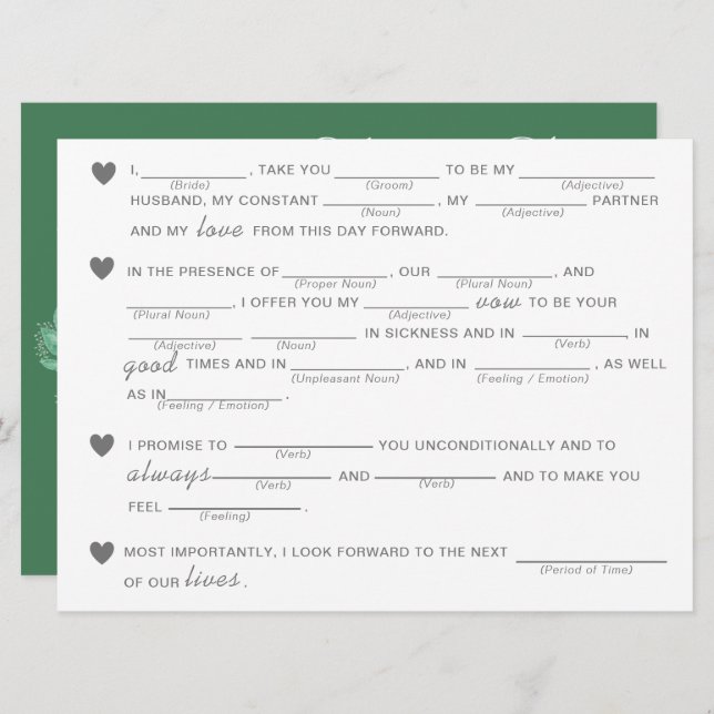 Bridal Shower Vows Improvisation Game - Green (Front/Back)