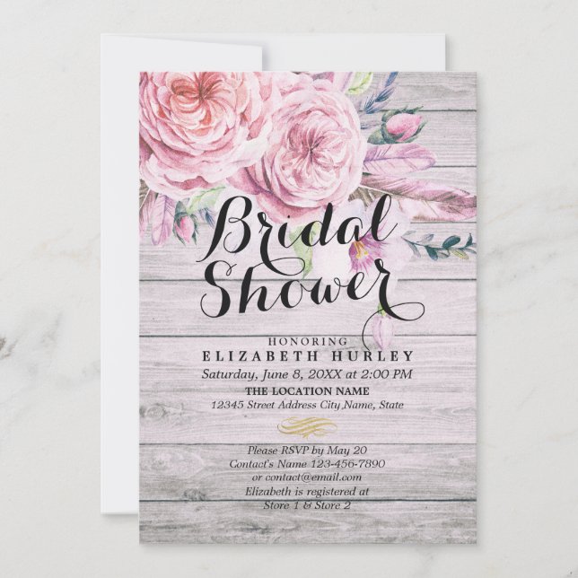 Bridal Shower Watercolor Boho Floral Rustic Wood Invitation (Front)