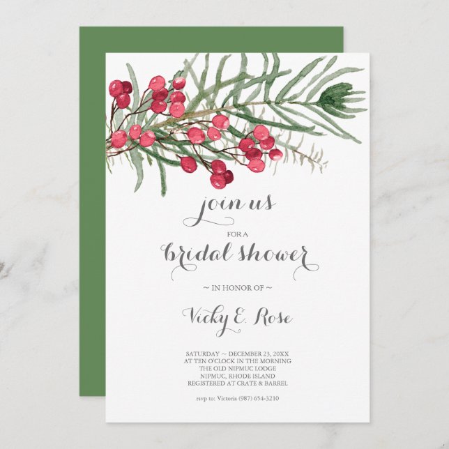 Bridal Shower Watercolor Evergreen and Red Berries Invitation (Front/Back)