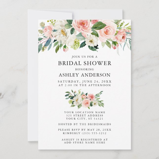 Bridal Shower Watercolor Floral Pink Blush Elegant Invitation (Front)