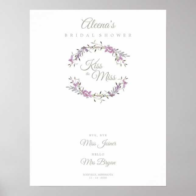 Bridal Shower Watercolor Flowers Garland in Purple Poster (Front)