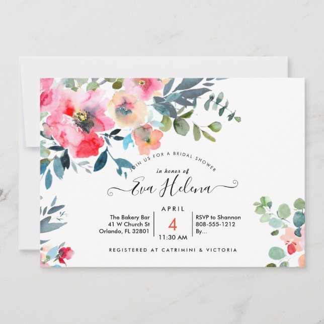 Bridal Shower, Watercolor Garden Roses, Red Ombre Invitation (Front)