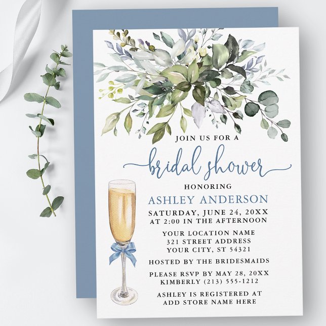 Bridal Shower Watercolor Greenery Dusty Blue Bow Invitation (Customize to change your personalized text color, text style or color of back of card.)
