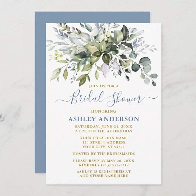 Bridal Shower Watercolor Greenery Gold Dusty Blue Invitation (Front/Back)