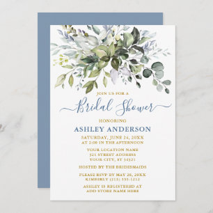 Bridal Shower Watercolor Greenery Gold Dusty Blue Invitation