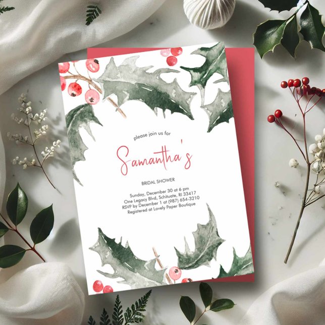 Bridal Shower Watercolor Holly Christmas Invitation (Winter bridal shower invitations. Watercolor holly and berries in shades of red and green.)